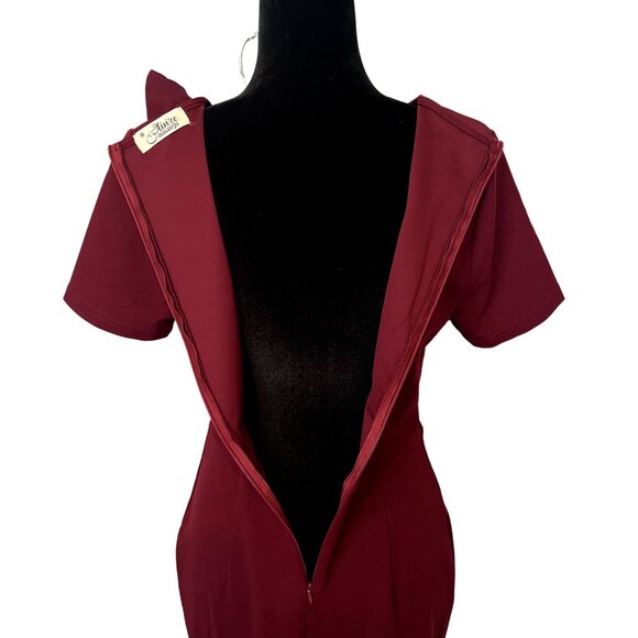 Aisize Ruffle Drapped 50s Vintage Style Dress Size Medium Burgundy Wine Party - Picture 4 of 9